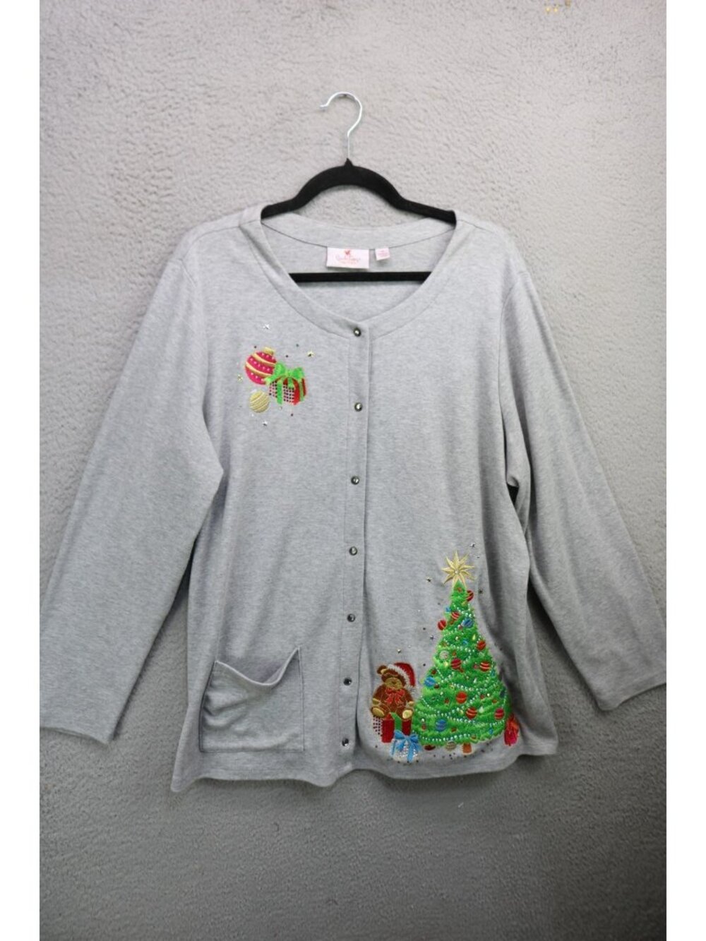Quacker Factory Snap Down Embroidered Christmas Cardigan-1X-Festive-Beaded
